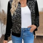 Kadın Uzun Kollu önü Açık Fermuarlı Pulpayetli Kadife Ceket