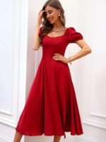 Kadın Kısa Kollu Kare Yakalı Yırtmaçlı Midi Janjan Krep Elbise - Görsel 5