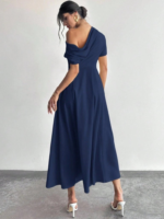 Kadın Omuzdan Açık Kısa Kollu Omuzdan Pileli Uzun Janjan Krep Elbise - Görsel 6