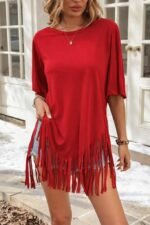 Kadın Kısa Kollu Bisiklet Yaka Püsküllü Viskon Bluz - Görsel 4