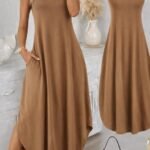 Kadın Ip Askılı Yuvarlak Yakalı Cepli Uzun Viskon Elbise