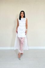 Beyaz Organze Detaylı Atlas Elbise - Görsel 3