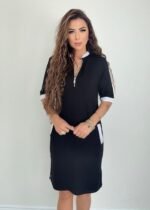 Kadın Kısa Kollu Yakadan Fermuarlı Cepli Yandan Yırtmaçlı Viskon Elbise - Görsel 2