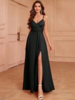 Kadın Ip Askılı Kruvaze Yakalı Yırtmaçlı Uzun Ithal Krep Elbise - Görsel 5