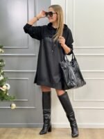Kadın Uzun Kollu Kapüşon Ve Deri Detay Diz üstü Elbise - Görsel 5