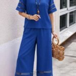 Kadın Kısa Kollu Bisiklet Yakalı Tül şerit Detaylı Bluz Ve Pantolon Ikili Takım