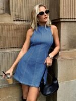 Kadın Omuzlardan Açık Bisiklet Yaka Kısa Kot Elbise