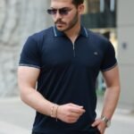 Erkek Yaka Ve Kolları çizgi Detaylı Fermuar Yakalı Kısa Kollu Tişört