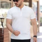 Erkek Göğüs Pirinç Desenli Fermuar Yakalı Kısa Kollu Tişört