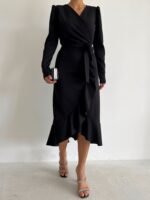 Krep Kumaş Midi Boy Kuşaklı Uzunkol Elbise 113 Cm - Görsel 9