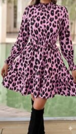 Kadın Uzun Kollu Yarı Balıkçı Yaka Leopar Desenli Modal Mini Elbise