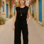 Kadın Yarasa Kol Dijital Baskı Detay Bluz Ve Yanı şerit Detay Kristal Kumaş Pantolon Ikili Takım