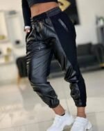 Kadın Yüksek Bel Lastikli Cepli Deri Detaylı Dalgıç Pantolon - Görsel 2