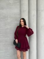 Kadın Yarım Balıkçı Yaka Kolları Transparan Astarlı Full şifon Elbise