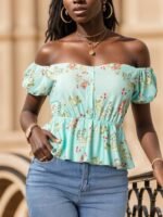 Kadın Kısa Kollu Madonna Yaka çiçek Desenli Düğme Detay Gipeli Süprem Kumaş Bluz - Görsel 9