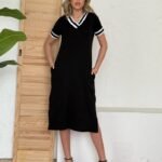Kadın Kısa Kollu V Yaka Kol Ve Yaka Ribana Detay Midi Boy Viskon Elbise