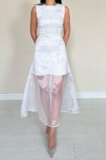 Beyaz Organze Detaylı Atlas Elbise - Görsel 4