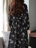 Kadın Uzun Kollu Hakim Yakalı Düğmeli Kuşaklı Desenli Maxi Mikro Süprem Elbise - Görsel 6