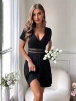 Kadın Kısa Kollu Kruvaze Yakalı Belden Dantelli Kaşkorse Elbise - Görsel 4