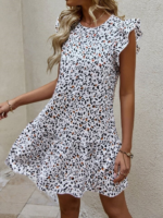 Kadın Kısa Kollu Bisiklet Yaka Etek Ucu Volanlı Kısa Dokuma Elbise - Görsel 2