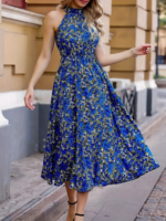 Kadın Omuz Dekolteli Halter Yaka Desenli Maxi Süprem Elbise