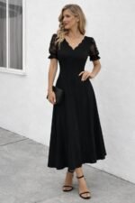 Kadın Kısa Kollu V Yakalı Uzun Janjan Elbise - Görsel 2