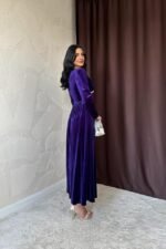 Mor Göğüs Altı Taşlı Elbise - Görsel 4