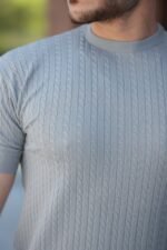 Erkek Bisiklet Yaka örgü Desenli Kısa örme Triko Kısa Kollu T-shirt - Görsel 3