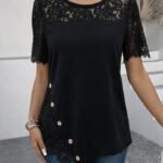 Kadın Kısa Kollu Dantel Detaylı Yandan Düğmeli Waffle Bluz