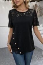 Kadın Kısa Kollu Dantel Detaylı Yandan Düğmeli Waffle Bluz