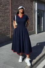 Kadın Kısa Kollu V Yakalı Pileli Uzun Janjan Krep Elbise - Görsel 2