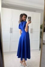 Kadın Kısa Balon Kollu Bisiklet Yaka Geniş Kesim Janjan Krep Elbise - Görsel 5