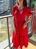 Kadın Kısa Kollu Yakası Açık Katlı Bürümcük Balon Elbise - Görsel 4