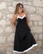 Kadın Ip Askılı V Yakalı çift Renkli Janjan Krep Elbise - Görsel 2