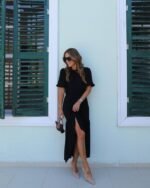 Kadın Kısa Kollu Bisiklet Yakalı Yandan Yırtmaçlı Büzgülü Janjan Krep Elbise - Görsel 2