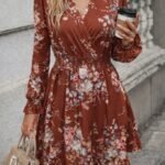 Kadın Uzun Kollu Kruvaze Yakalı çiçek Desenli Mini Süprem Elbise