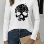 Kadın Uzun Kollu Bisiklet Yaka Kurukafa Desenli Viskon Bluz