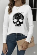 Kadın Uzun Kollu Bisiklet Yaka Kurukafa Desenli Viskon Bluz