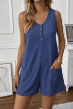 Kadın Omuz Askılı önden Düğmeli Waffle Kısa Tulum - Görsel 2