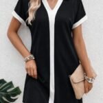 Kadın Kısa Kollu V Yakalı Onden şerit Detaylı Yakalı Kısa Janjan Krep Elbise