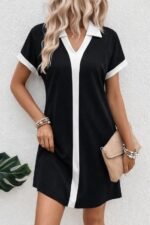 Kadın Kısa Kollu V Yakalı Onden şerit Detaylı Yakalı Kısa Janjan Krep Elbise