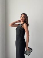 Kadın Omuz çoklu Askılı önü Taş Işlemeli Balık Kesim Janjan Krep Maxi Boy Elbise - Görsel 5