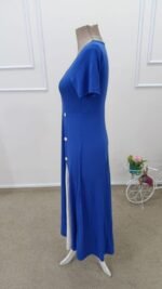 Kadın Kısa Kollu Asimetrik Yakalı Düğme Detaylı Midi Viskon Elbise - Görsel 6