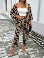 Kadın Uzun Kollu önü Açık Desenli Iki Iplik Ceket Ve Pantolon Ikili Takım - Görsel 2