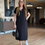 Kadın Kısa Kollu V Ribana Yakalı Yırtmaçlı Midi Viskon Iki Iplik Elbise