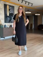 Kadın Kısa Kollu V Ribana Yakalı Yırtmaçlı Midi Viskon Iki Iplik Elbise