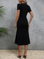 Kadın Kısa Kollu Kare Yakalı Ip Detaylı Janjan Krep Elbise - Görsel 5