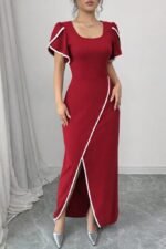 Kadın Kısa Kollu Kare Yakalı önden çapraz Kesim Detaylı Krep Elbise - Görsel 2