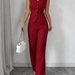 Kadın Askılı önden Düğmeli Bluz Ve Pantolon Keten Ikili Takım