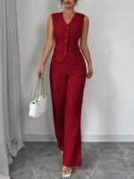 Kadın Askılı önden Düğmeli Bluz Ve Pantolon Keten Ikili Takım